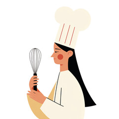 Stylish Female Chef Holding Whisk with Thoughtful Expression in Kitchen