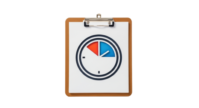 Isolated brown clipboard with a circle chart split with one section of red and one blue area
