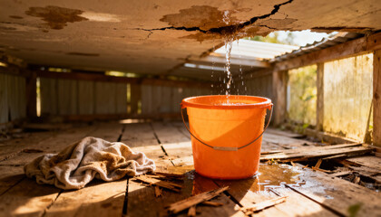Water leaking from cracked ceiling into orange bucket catching drips, old wooden floor with rag cleaning up water, home maintenance and repair concept
