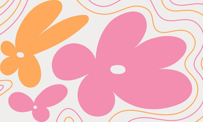 Simple hand drawn flowers vector illustration, whimsical groovy floral pattern background