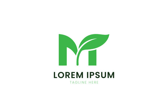 Modern green leaf letter m logo design with placeholder text for branding and identity