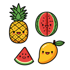 Happy Tropical Fruits Vector Art: Cute Pineapple, Watermelon, and Mango with Smiling Faces