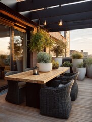 Wooden patio dining set with wicker chairs under a pergola.