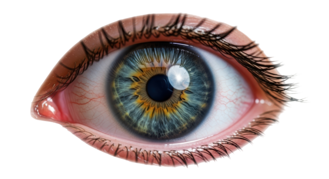 Isolated realistic human eye with colorful iris, eyelashes, and eyebrow hair detail