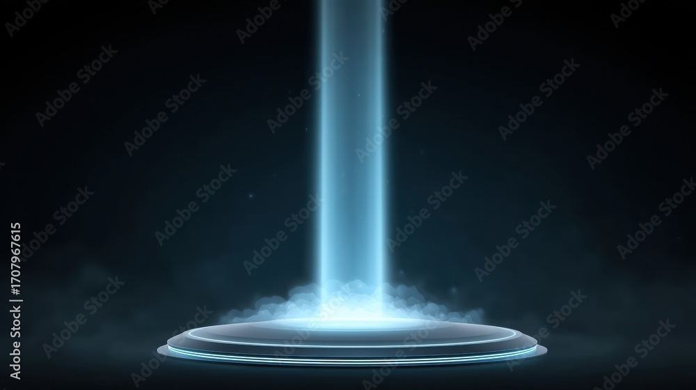 Poster a glowing beam of light emanates from a circular platform, surrounded by mist, creating a mystical a