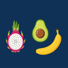 Vibrant Flat Design Fruits: Dragon Fruit, Avocado, and Banana Illustration for Healthy Eating