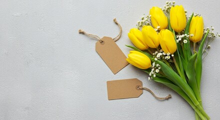 Bright yellow tulips paired with delicate white baby's breath, alongside blank rustic tags on a serene gray backdrop create a gentle scene.