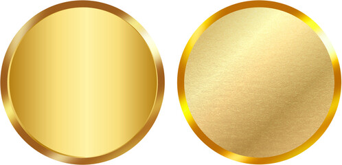 Shiny Gold Circular Badges and Medals Set: Blank Metallic Labels with Smooth and Textured Finishes isolated on png, transparent background
