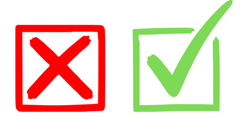 Correct and Incorrect: Green Check Mark and Red X Mark in Hand-Drawn Boxes isolated on png, transparent background 