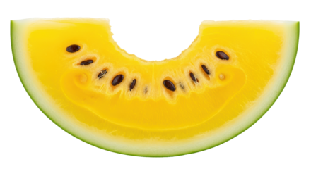Isolated slice of yellow watermelon fruit with black seeds for dessert or healthy eating