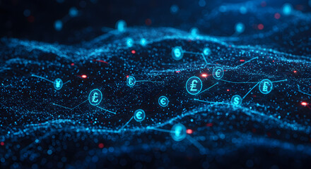 Global Financial Network: Digital Currency Exchange Visualization for Innovation in Finance and Technology Solutions, Featuring Currency Symbols and Glowing Connections
