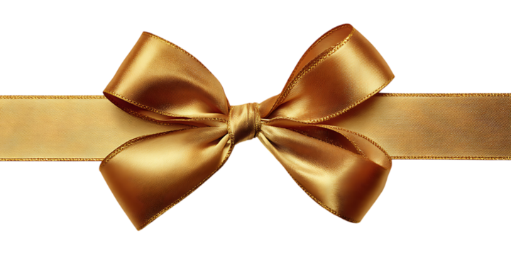 Golden ribbon tied in a bow isolated on transparent background.