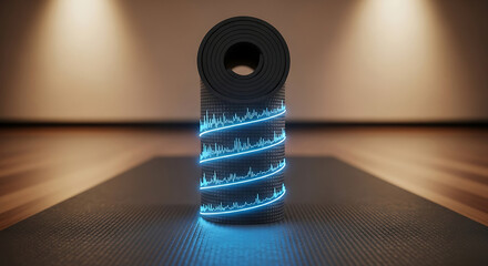 Yoga mat with glowing blue spiral and sound waves pattern
