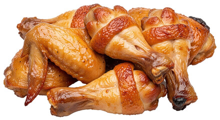 Isolated pile of roasted chicken drumsticks