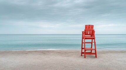 Fototapeta premium Single red lifeguard chair on empty beach