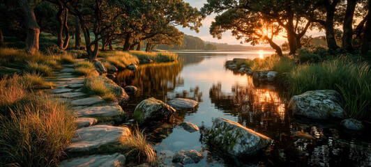 Obraz premium Serene sunset reflection on calm lake surrounded by lush greenery