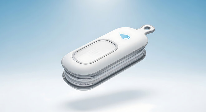 White digital thermometer with blue droplet logo on blue background