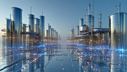 Reflective Metallic City in Daylight With Shimmering Energy Veins Visible Beneath Structures