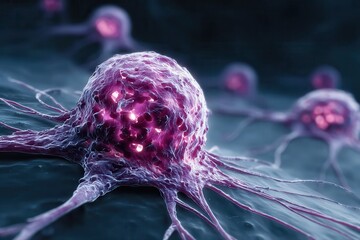 Close-up conceptual representation of abnormal cancer cell, spreading with glowing pink core and microscopic detail, medical illustration