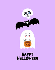 Friendly ghost on pastel purple with bat and skull plus “Happy Halloween” text. Funny, cute spooky design for posters, cards, stickers, shirts, and decor.