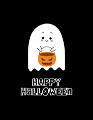 Cute, funny ghost on black holding a jack-o-lantern candy bucket with “Happy Halloween” text. High-contrast spooky artwork for shirts, stickers, cards, posters, and decor.