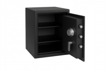 Open empty safe with combination lock and shelves isolated on transparent background, protecting valuables and important documents
