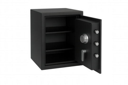 Open empty safe with combination lock and shelves isolated on transparent background, protecting valuables and important documents