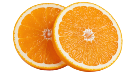 Isolated slices of orange fruit on plain backdrop, citrus wedges, healthy nutrition snack