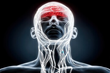 Anxiety Neural Portrait: Low-angle close-up of a head and neck traced by luminous lines; a red frontal brain glow pulses as threads stream up the throat, suggesting mounting stress in a minimal scene.