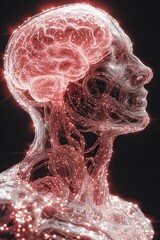 Anxiety Neural Close‑Up: Luminous fiber network forms a human head in profile as the brain glows red and threads pulse, suggesting mounting stress and nervous system overload in a minimal setting.