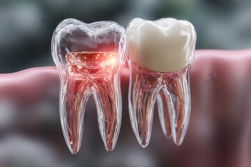 Side‑by‑side transparent molars on gumline; left tooth shows inflamed crown hotspot with branching nerves, right tooth features opaque restorative crown for contrast; cinematic macro visualization for