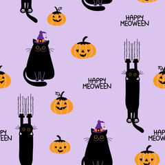Seamless purple pattern with black cats in witch hats, scratching cats, pumpkins, and “Happy Meoween” text. Cute spooky repeat for fabric, wrapping, and wallpaper.