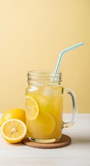 Fototapeta premium Refreshing Lemon Iced Tea Drink in a Glass Jar.