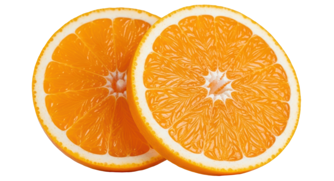Isolated slices of orange fruit on plain backdrop, citrus wedges, healthy nutrition snack