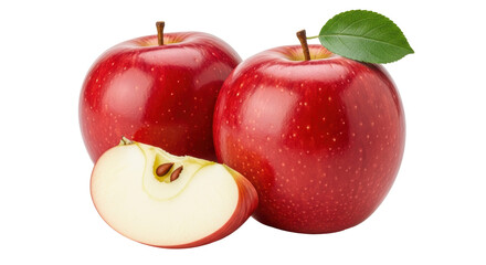 Isolated crisp red apples with slice and leaf, fruit harvest, fresh produce, healthy eating