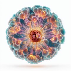 Abstract glowing sphere with organic fractal structure, colorful light connections and futuristic sci-fi design on white background