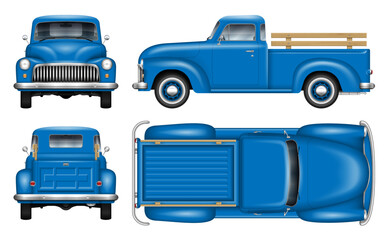 Classic pickup truck vector mock-up. Isolated vintage blue lorry view from side, front, back, top. All elements in the groups on separate layers for easy editing and recolor.