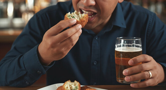 Man enjoying delicious fried food and beer in a restaurant, perfect for food blogs and culinary content