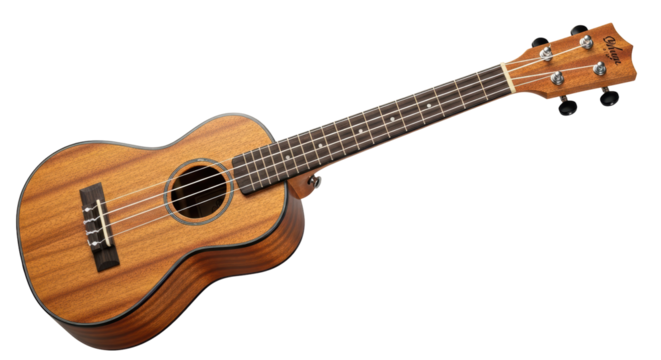 Isolated ukulele with wooden body and four strings, a compact instrument for musical expression