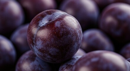 Fototapeta premium A glossy pile of plums, showcasing vibrant purples and textures. Focus is on freshness and natural appeal of the plum fruit.