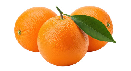 Isolated fresh oranges with stem and leaf arrangement, source of Vitamin C, juicy citrus fruits