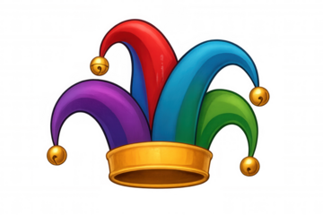 Classic jester hat with colorful curved horns and golden bells, isolated on transparent background, ideal for festive and playful designs