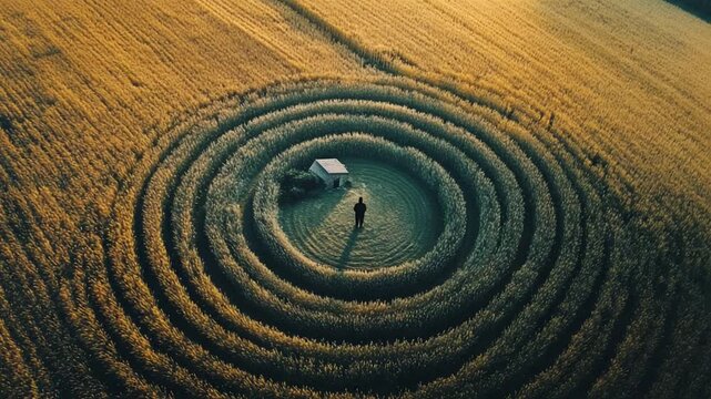 Person standing in circular crop field at sunset