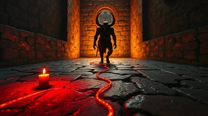 Ariadne’s red thread leading through labyrinth to Minotaur outline, symbolic illustration of the Greek myth "Theseus and the Minotaur"