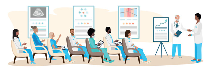 A team of doctors confer, study, hold a conference, training or cosilium. Vector illustration isolated on white background.