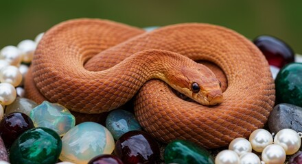 Fototapeta premium Orange Snake Resting Among Pearls, Opals and Precious Gemstones in a Colorful Treasure Display