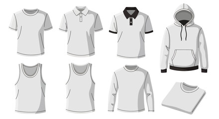 Selection of various white t-shirts and other apparel styles, including polo shirts, hoodies, long-sleeved shirts, and tank tops, isolated on white backdrop suitable for design