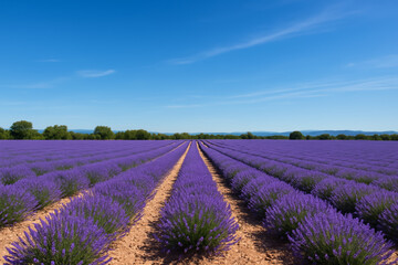 Obraz premium Expansive lavender field under a clear blue sky in summer