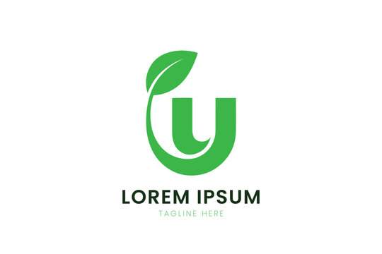 Minimalist green letter u logo with leaf element and placeholder text for branding