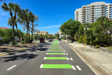 Bicycle lane at city traffic in Sarasota, Florida, promoting cyclist safety and environmentally friendly transportation